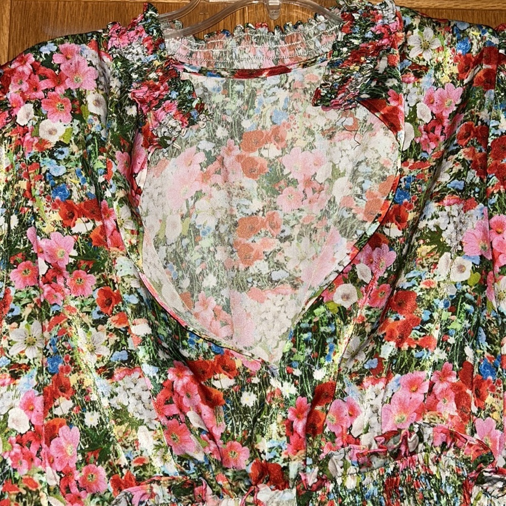 Zara Floral Smocked High-Neck Blouse in Red, Pink, Green - Picture 4 of 7